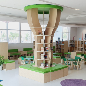 Tree Book Shelf Feature With Bench Seating