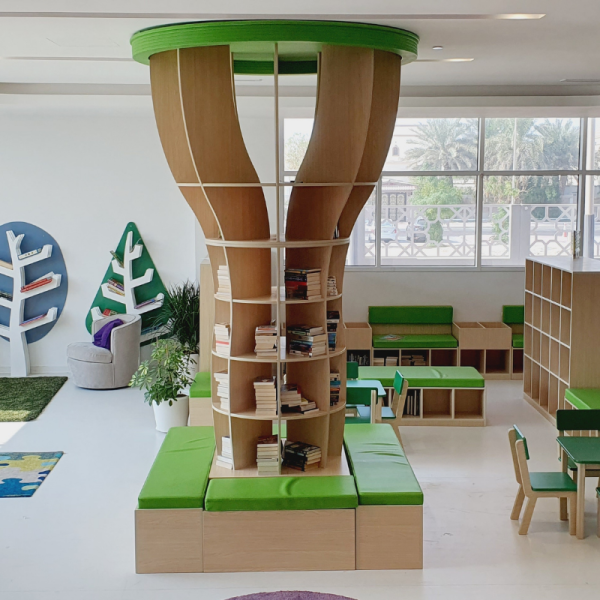 Tree Book Shelf Feature With Bench Seating